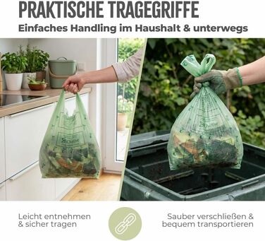 Літрові компостовані пакети для сміття з ручками 56 пакетів, компостовані, зроблені в Німеччині Міцні, кліматично нейтральні та веганські компостовані пакети для сміття, 20 л з ручкою для перенесення - 56 пакетів, 20-