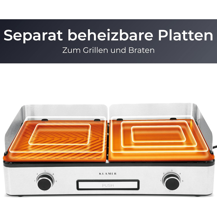 Електричний гриль KLAMER, подвійні пластини з антипригарним покриттям і знімними, роздільне налаштування температури, 5 рівнів гриля, із захистом від вітру/бризок і піддоном для крапель
