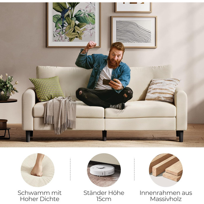 Місний диван LINSY HOME, ширина 201 см, диван з регульованою глибиною сидіння, невеликий диван-кутник для вітальні, спальні, квартири, офісу, бежевий, сучасний, 3-