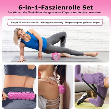 Ролик для фасції, Qveetry 6 в 1 пінопластовий ролик, набір роликів для фасції з масажною роликовою палицею, стрічки опору для силових тренувань, масажний м&39яч, фітнес-стрічки, пінопластовий ролик 33 см для йоги, пілатесу, спорту, рожевий