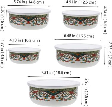 Набір емальованих мисок Amosfun з 5 предметів, багатоцільові миски з кришками для локшини швидкого приготування, салату, супу, мисок для змішування, мисок для зберігання продуктів з гладкою поверхнею для домашнього використання, 18,60 x 18,60 x 7,50 см