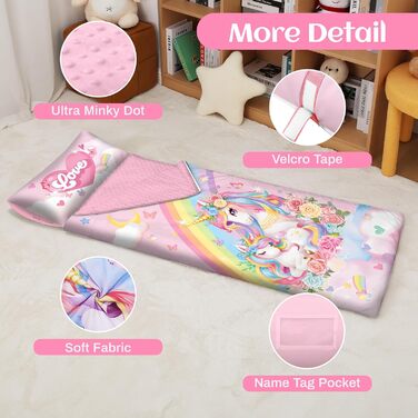 Дитячий спальний мішок зі знімною подушкою, теплий дитячий спальний мішок з подвійною блискавкою для дівчаток та хлопчиків, складний спальний мішок-ковдра для кемпінгу в приміщенні та на свіжому повітрі, єдиноріг 15060 см