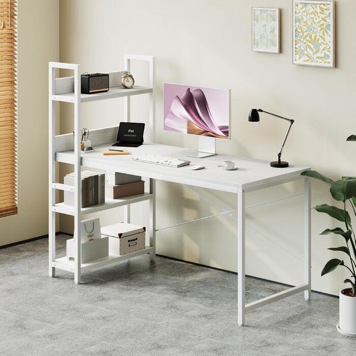 Письмовий стіл Sweetcrispy з бічною полицею та регульованими ніжками, офісний стіл шириною 120 см, міцний комп&39ютерний стіл із місцем для зберігання, легке складання, білий 120 x 56 x 120 см