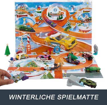 Іграшкові машинки Hot Wheels, календар на 2024 рік, 8 машинок Hot Wheels у масштабі 164, 16 зимових аксесуарів та ігровий килимок
