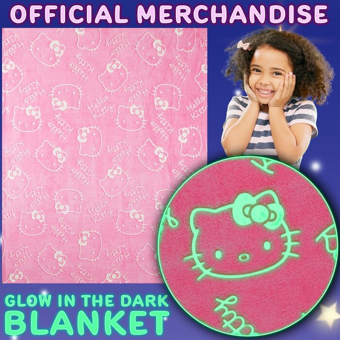 Флісова ковдра Get Trend Hello Kitty Sanrio, що світиться в темряві, 130x150 см, пухнаста флісова ковдра, що світиться в темряві, подарунки для дітей та дорослих (рожева Hello Kitty) Рожева Hello Kitty 130x150 см