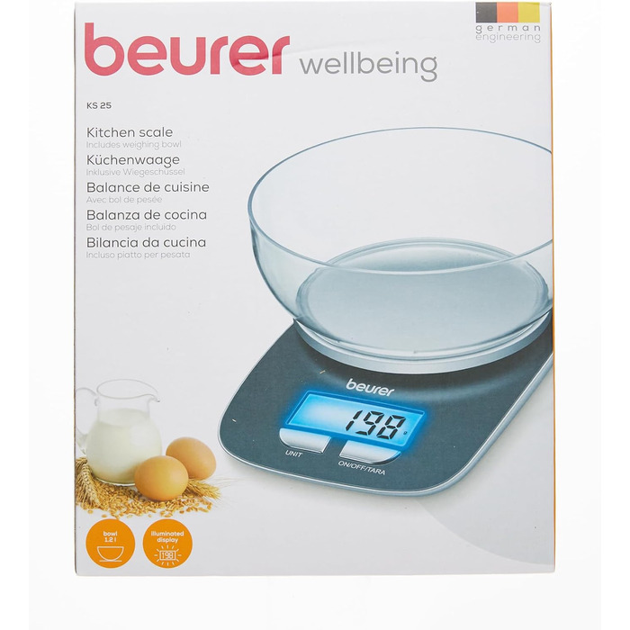 Кухонні ваги Beurer 704.15 KS 25 з ваговою чашею на 1,2 л, цифрові кухонні ваги з функцією зважування тари та вантажопідйомністю 3
