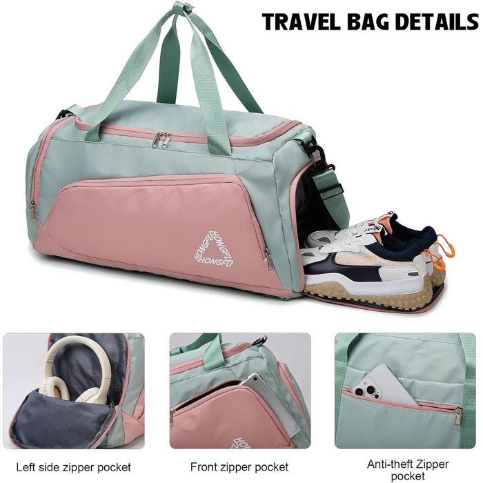 Жіноча спортивна сумка об&39ємом 45 л з відділенням для взуття, відділенням для вологи, водонепроникна сумка для вихідних, дорожня спортивна сумка з рюкзаком, сумка для плавання, сумка для тренувань, пляжна сумка для фітнесу, спорту, подорожей, зелено-рож