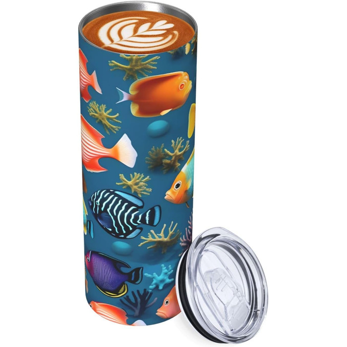 Кухоль з прямою трубочкою, дизайн підводна рифова риба, принт, дорожній кухоль, підходить для кемпінгу, офісу та дому, 590 мл