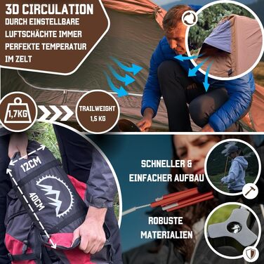 Намети GOALPINE для 1 та 2 дорослих Водонепроникність 4000 мм Маленький розмір у упаковці Для піших прогулянок, альпінізму та велотуризму Ультралегкі 3-4 сезони Швидке встановлення 1P Eremit - Коричневий