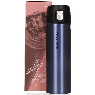 Пляшка для води з нержавіючої сталі LOCK & LOCK - НОВА ЛЕГКА ВАКУУМНА ПЛЯШКА FEATHER LIGHT - Термос для однієї руки - Вакуумна ізольована пляшка для кави, чаю тощо 500 мл сапфірово-блакитного кольору