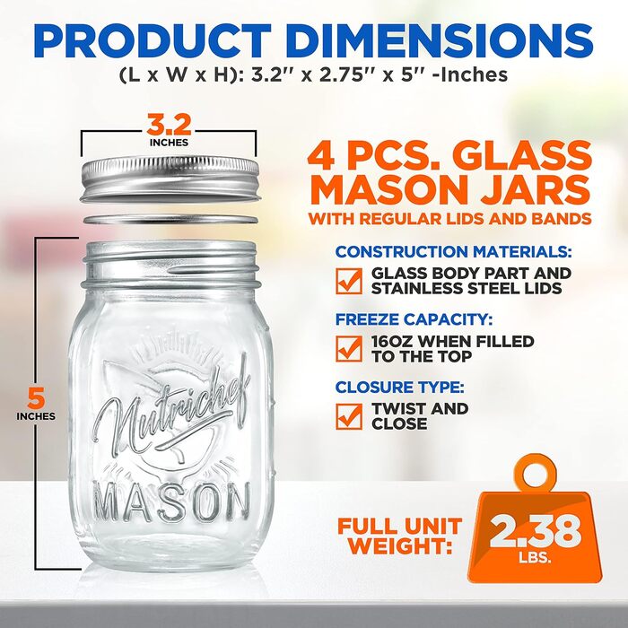 Банки Nutrichef Mason з кришками - 473 мл (16oz) скляні контейнери з магнітною кришкою для спецій, домашнього приготування, вівсянки на ніч, джему, меду, свічок, рукоділля, весільних сувенірів (набір 4 шт.)