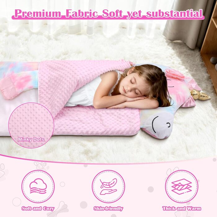 Дитячий спальний мішок зі знімною подушкою, теплий та пухнастий дизайн у формі слона, подвійна блискавка для дівчаток та хлопчиків, складний великий спальний мішок-ковдра для кемпінгу в приміщенні та на свіжому повітрі, єдиноріг 170x70 см