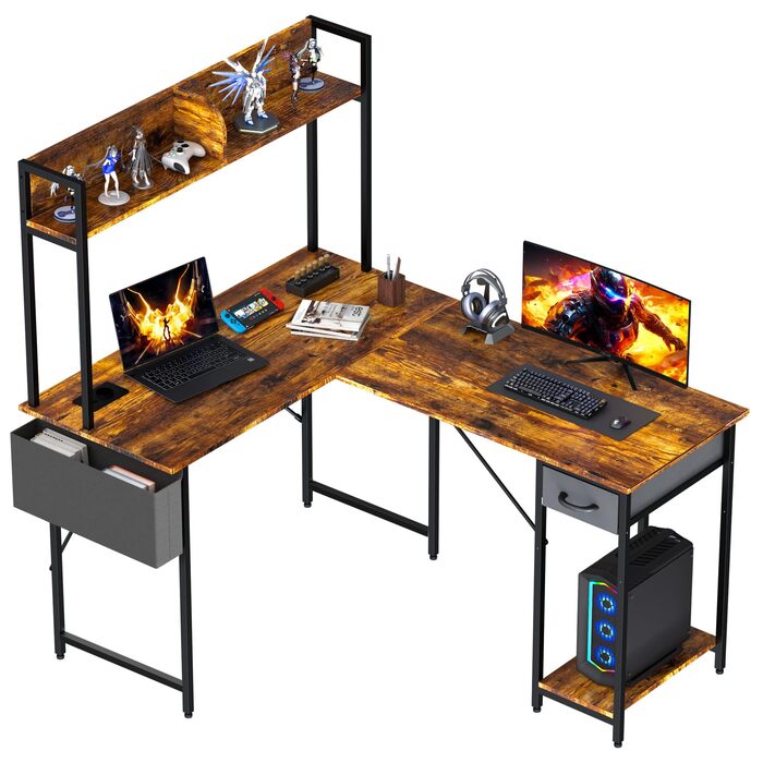 Г-подібний стіл Yansee, ігровий стіл зі світлодіодним підсвічуванням, 140110 см, двосторонній Г-подібний стіл з подовжувачем, кутовий стіл з полицею, коричневий