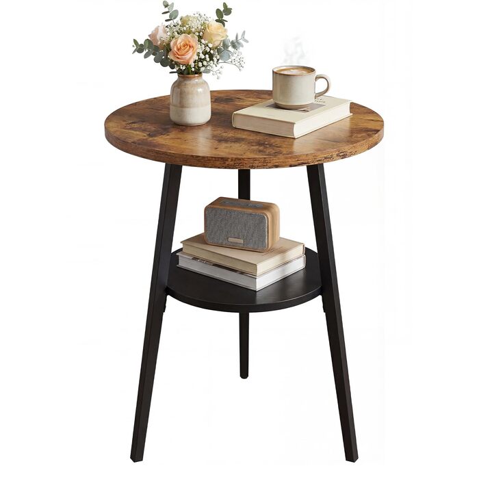 Круглий журнальний столик з 2 ярусами, маленький круглий дерев&39яний журнальний столик, круглий журнальний столик у вінтажному стилі для вітальні та спальні, рустикальний коричневий