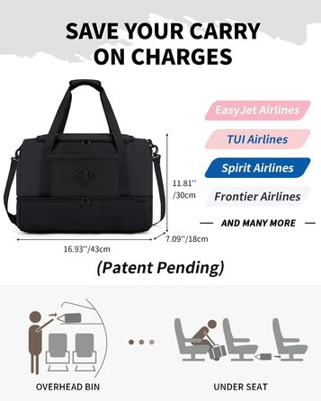 Жіноча дорожня сумка WANDF, сумка для ручної поклажі Easyjet, 45x36x20 см, велика спортивна сумка з відділенням для взуття та відділенням для вологих речей, дорожня сумка на вихідні для жінок та чоловіків для подорожей літаком та використання в спортзалі 