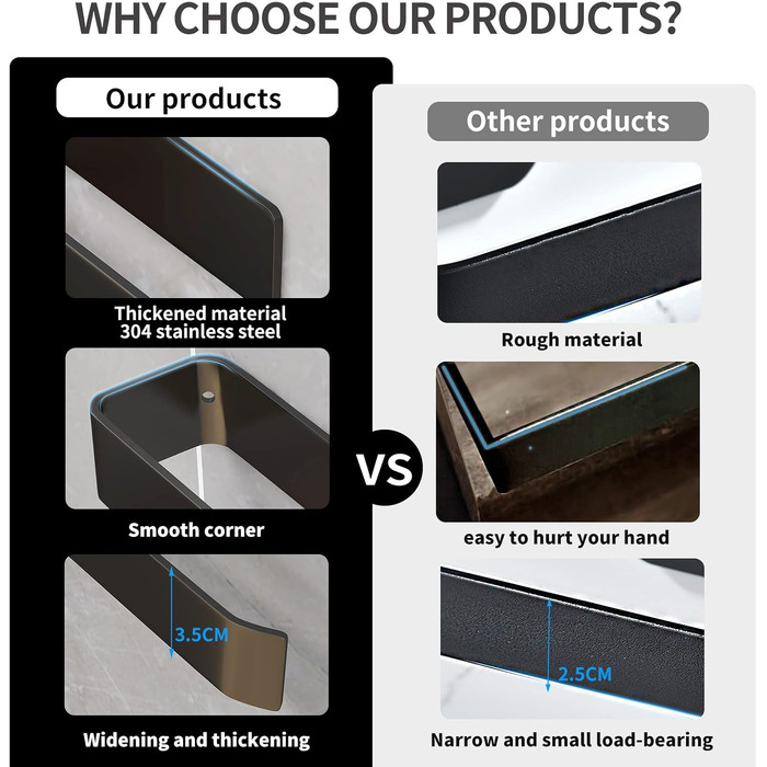 Самоклеючий рушникосушка чорний 25см SUS304 Рушникосушка з нержавіючої сталі без свердління Підвісна рушникосушка для ванної кімна