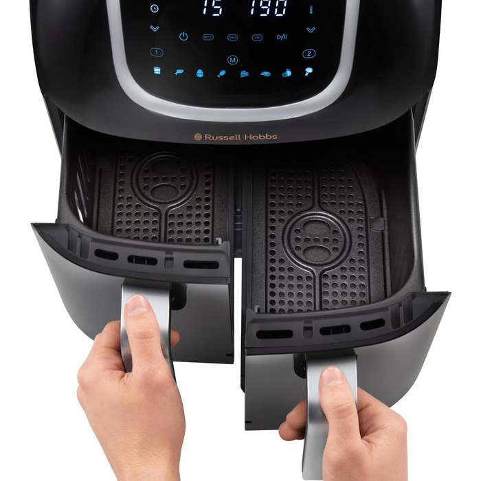 Двокамерна фритюрниця Russell Hobbs 2 відділення кожне 4,25 л, можна використовувати лише окремо, загальний об'єм 8,5 л Технологія швидкої фритюрниці (8 програм, можна мити в посудомийній машині, сенсорний екран) Аерофритюрниця 27290-56S