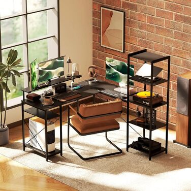 Кутовий письмовий стіл L-подібної форми 137x140 см чорного кольору, комп&39ютерний стіл з USB-роз&39ємом, підставкою для монітора та 6 полицями, металевий офісний стіл з полицею, стійкий та компактний робочий стіл для домашнього офісу (стиль 1), 0I&I0I