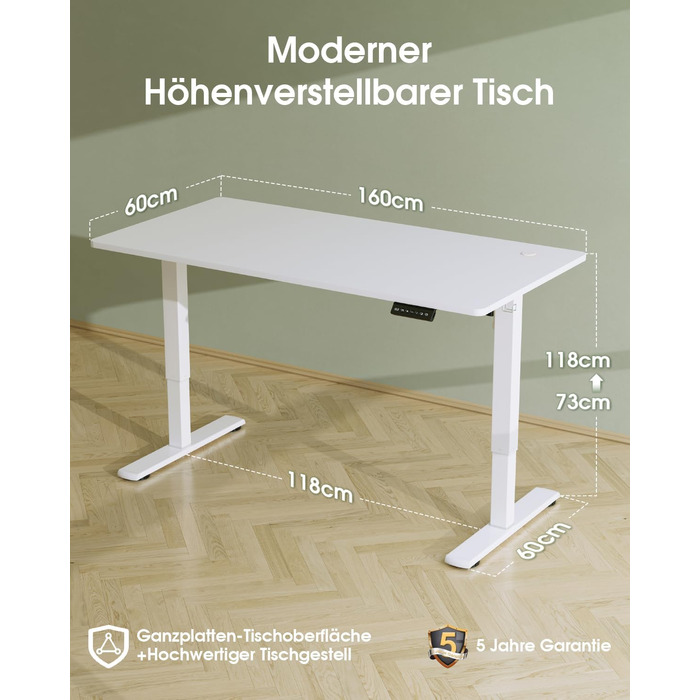 Стіл Flamaker з регульованою висотою, повна стільниця 160 x 60 см, стіл з електричним регулюванням висоти з пам&39яттю, ігровий стіл з нагадуванням про сидячий режим та зарядкою через USB (білий) Білий 160 x 60 см