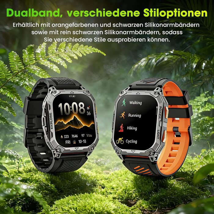 Чоловічий смарт-годинник, 2.01-дюймовий HD смарт-годинник із тривалим часом роботи батареї 1000 мАг, 114 спортивних режимів, фітнес-годинник у військовому стилі з датчиком серцевого ритму/крокоміром/монітором сну/ліхтариком, сумісний з Android iOS, помара