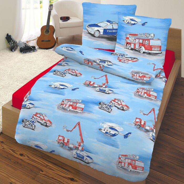 Дитяча постільна білизна Дитяча постільна білизна Пожежні та поліцейські машини - Наволочка 80x80 Підковдра 135x200 см - 100 бавовна (Renforc) Двостороння постільна білизна для хлопчиків та дівчаток