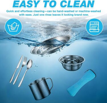 Набір посуду для кемпінгу, 15 предметів, нержавіюча сталь тарілки, миски, чашки, виделки, ложки та чохол для зберігання. Посуд з нержавіючої сталі для кемпінгу, походів та пікніків