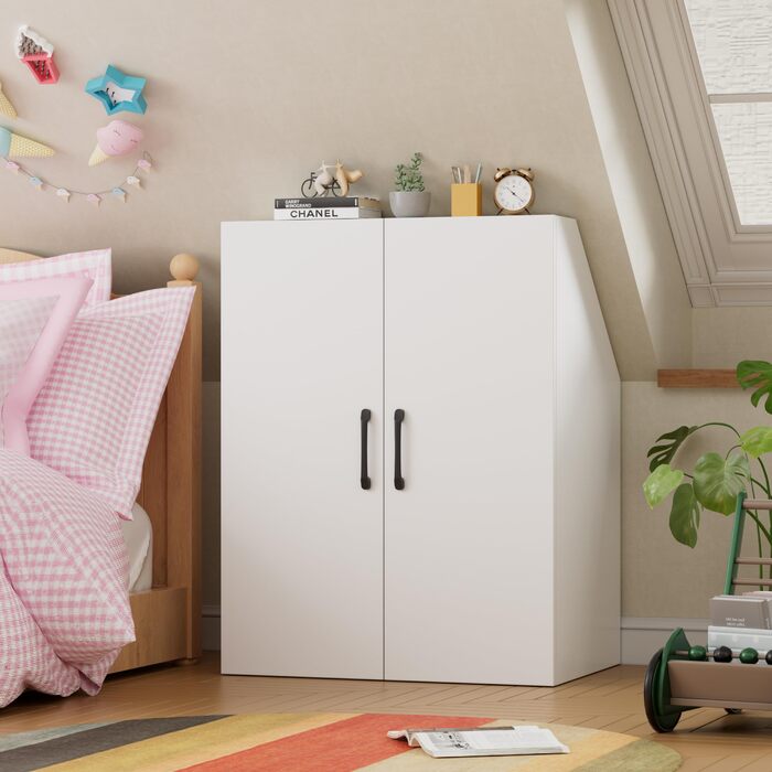 Похила стельова полиця MSFE з 2 дверима, 100x80x51,5 см, шафа для похилих стін у спальнях на горищі, біла дерев&39яна книжкова полиця, 4-рівнева полиця для похилих стель (2 двері)