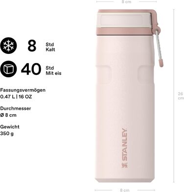 Пляшка Stanley IceFlow Twist Flip 0,47 л - Зберігає напої крижаними протягом 12 годин - 3 днів - Можна мити в посудомийній машині - Перероблена нержавіюча сталь - Без BPA - Двостінна вакуумна ізоляція - Рожевий кварц 470 мл