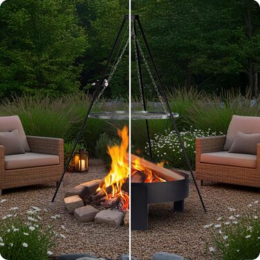 Поворотний гриль-штатив Berdsen 80 см, решітка для гриля, вогнище, нержавіюча сталь з регульованою висотою, порошкове покриття, чорний, 80 см, чорний штатив