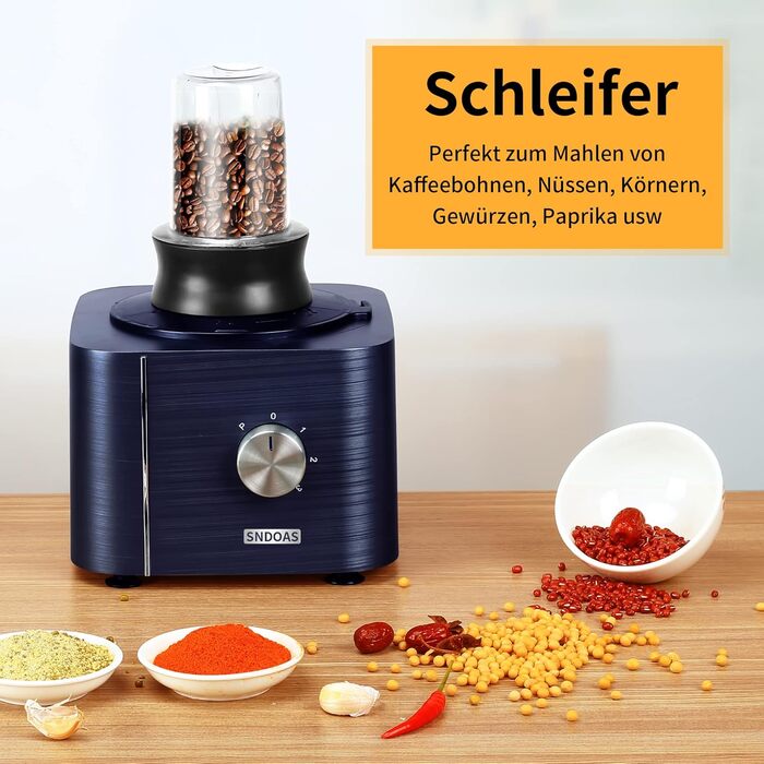 Кухонний комбайн SNDOAS, багатофункціональний кухонний комбайн 1100 Вт, чаша для замішування тіста 3,2 л, подрібнювач кухонного комбайна, блендер 1,5 л, м'ясорубка, темно-синій