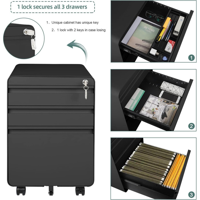 Металевий контейнер на колесах Dripex, сталевий контейнер на колесах з 3 шухлядами та підвісною системою для документів, офісна шафа, що замикається, офісний контейнер, 5 коліс, шафа для документів, 40 x 45 x 60 см, чорний, 40 x 45 x 60 см