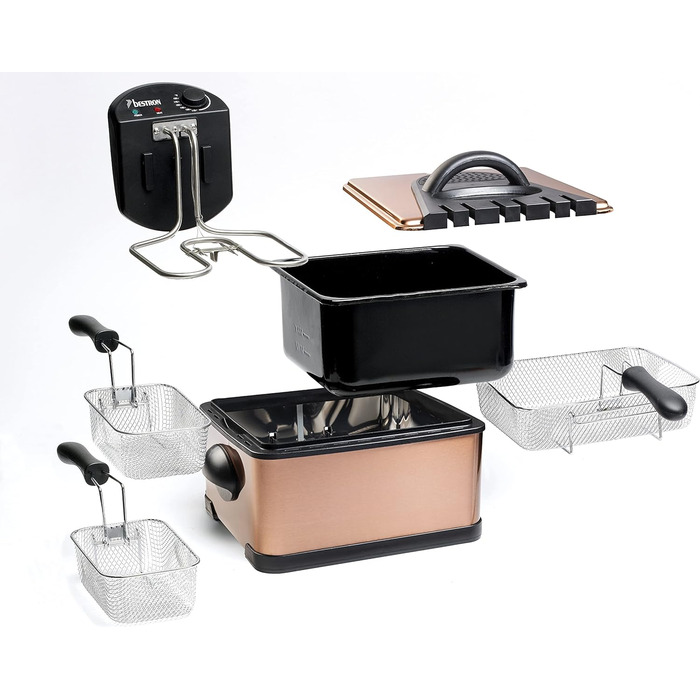 Олійна фритюрниця Bestron XL з 3 кошиками для смаження, включаючи технологію холодної зони та знімний контейнер для олії, 4 літри, можна мити в посудомийній машині, 2000 Вт, нержавіюча сталь, колір мідь