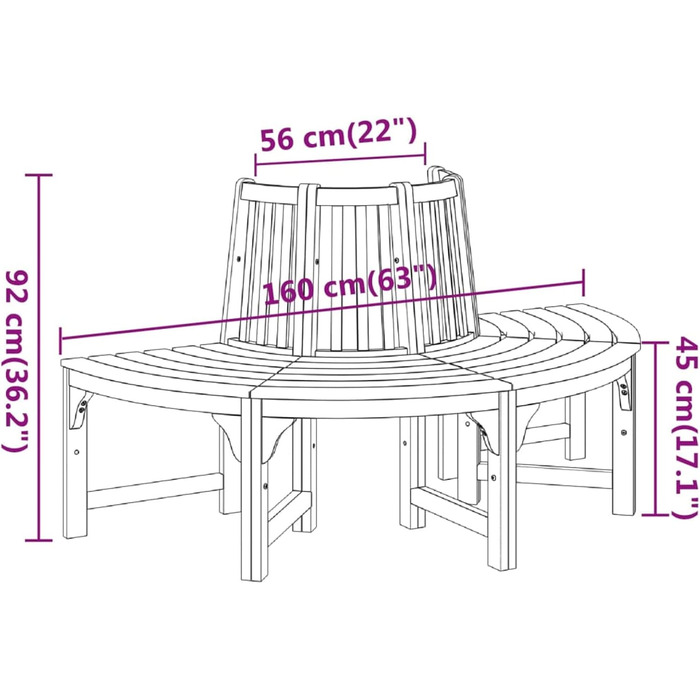 Лавка на дереві Homgoday Садова лавка Дерев'яна лавка Лавка для парку Лавка для патіо Лавка для саду Меблі зі спинкою Ø160 см Масив дерева Евкаліпт Половина кругла Ø 160 см