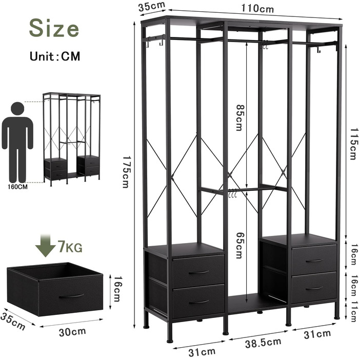 Відкрита шафа, вішалка для одягу, вішалка для пальто з 4 шухлядами, міцна вішалка для одягу, для спальні, вітальні, передпокою, чорна