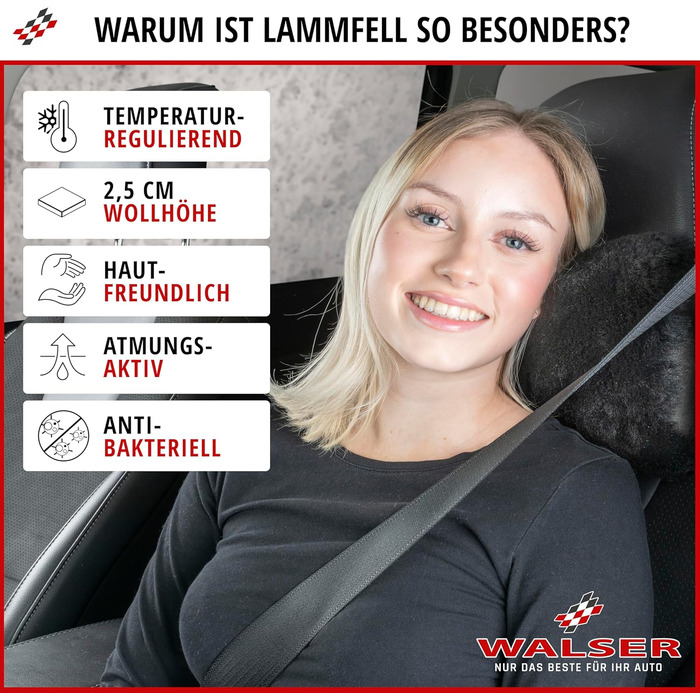 Підтримка шиї Walser з овечої шкіри Mila, подушка для шиї в автомобіль виготовлена зі 100 овечої шкіри, подушка для шиї в автомобіль, дорожня подушка для шиї, дорожня подушка, подушка для подорожей у літаку, подушка для літака, чорна підтримка шиї