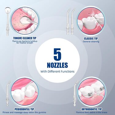 Іригатор порожнини рота Sawgmore, електричний очищувач міжзубних проміжків з 10 регульованими рівнями тиску, ємність 600 мл, іригатор порожнини рота з 5 багатофункціональними насадками для дому (білий)