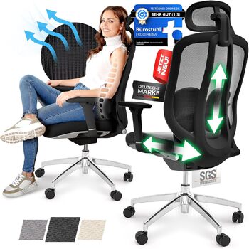 Ергономічне офісне крісло, переможець тесту, стілець для роботи регульована підтримка голови та попереку Ергономічне офісне крісло з підлокітниками Офісне крісло з колесами, зручне для спини, до 150 кг, чорний колір