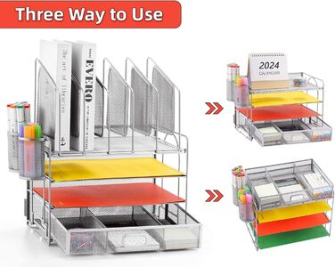 Органайзер для столу Marbrasse, 4-ярусний лоток для паперу та листів з висувними ящиками, 5 вертикальних лотків для документів та 2 тримачі для ручок, сітчастий настільний органайзер для зберігання домашнього та офісного приладдя (сріблястий)