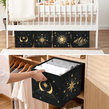 Коробка для зберігання 30 см, 3 шт. и, кошик для зберігання &quotСонце та місяць&quot, небесний, дитячий, складний, сучасний, середини століття, з ручками, куб-органайзер для зберігання іграшок, книг та одягу, чорно-золотистий