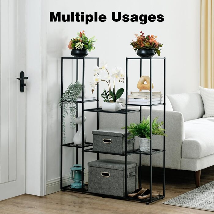 Металева підставка для квітів, 4 яруси, 11 горщиків, підставка для рослин для приміщень/вулиці, водонепроникна, багатоярусна підставка для рослин для саду, балкону, вітальні, двору, чорна, 95x25x120 см