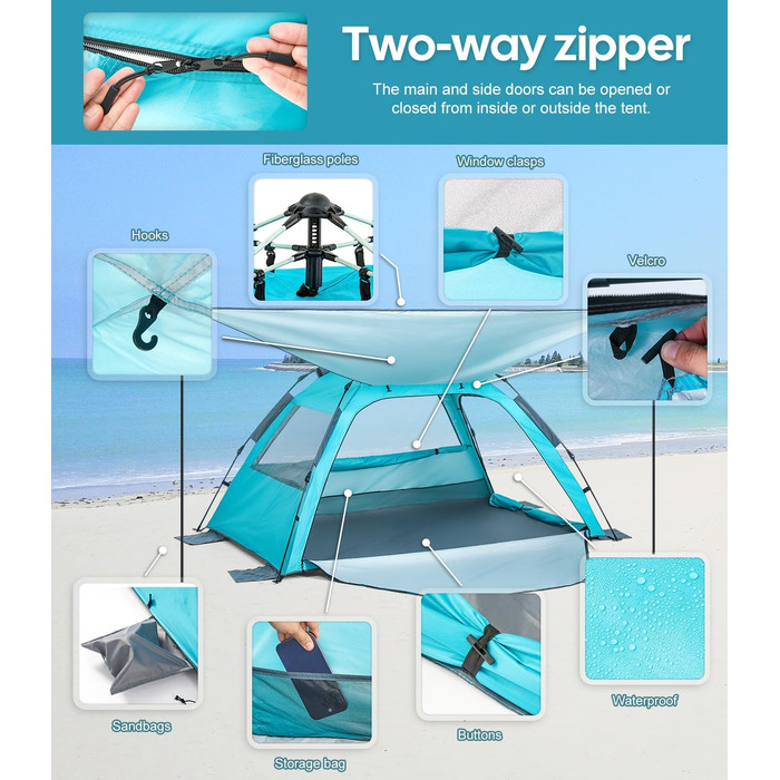 Пляжний намет для 2-4 осіб, розкладний пляжний намет із сонцезахисним тентом, захист від ультрафіолету UPF 50, водонепроникний для сімей, пляжу, кемпінгу, саду, синій