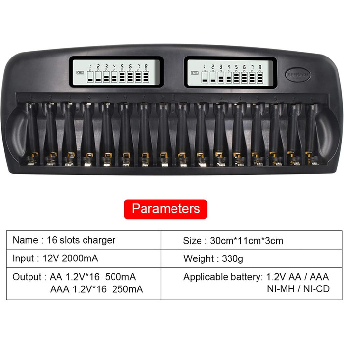 Швидкий зарядний пристрій CITYORK - інтегрований захист із РК-дисплеєм - для нікель-металгідридних акумуляторів типу AA AAA, включаючи 16 нікель-металгідридних акумуляторів типу AA 3000 мАг, корпус для акумулятора