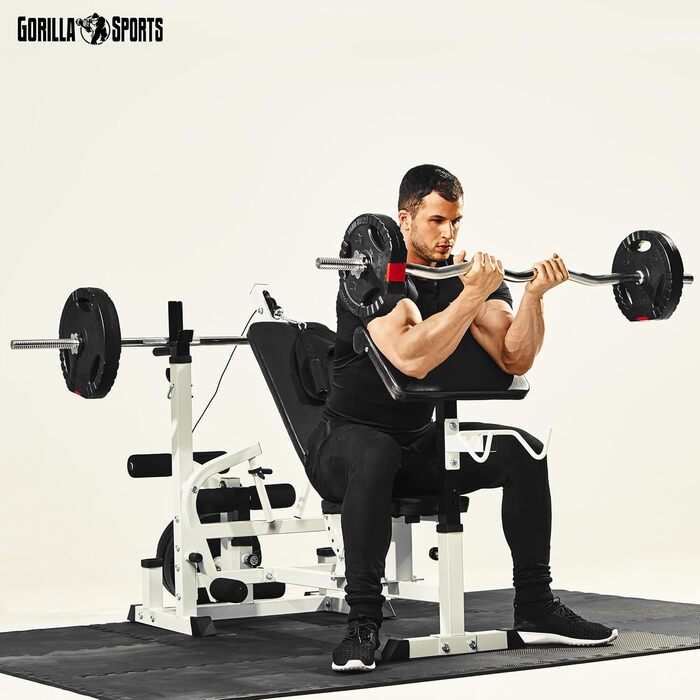 Силова лава GORILLA SPORTS - вкл. комплект штанг 100 кг, місце для зберігання, станція для віджимань, накладка для згинання рук, згинання ніг, режим &quotметелик&quot, тяга до найширшого хвата, регульована, чорно-біла - Багатофункціональна тренувальна лав