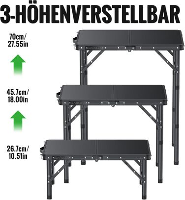 Складаний кемпінговий стіл GARLLEN, 58x40 см та 3 регульовані висоти (26/48/70 см), портативний бічний столик, стіл для барбекю, садовий стіл, стіл для пікніка для кемпінгу, пікніків та використання в саду (чорний) Чорний 58 x 40 x 26/48/70 см