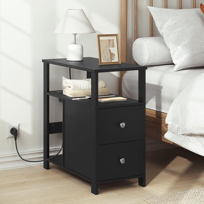 Журнальний столик WOLTU з розеткою, тумбочка з функцією заряджання, вузький диван-столик, з 2 шухлядами, 2 полицями, 1 відділенням, для вітальні/спальні, 60x60x30 см, чорний, BTS28sz