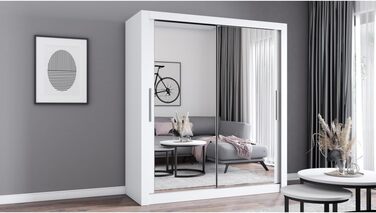 Шафа з дзеркалом - Шафа з розсувними дверима - Шафа для спальні - 64 x 180 x 215 см - Шафа для вітальні - Вішалка для одягу, Шафа з двома дверима, Сучасна 180 см Біла