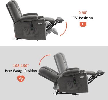 Електрично регульоване крісло для телевізора 7008, Крісло-реклайнер з функцією відкидання, Крісло для телевізора з функцією масажу та підігріву, USB та підсклянник, Вітальня (Тканина, сірий) Тканина сірого кольору
