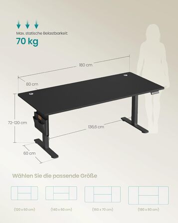 Регульований по висоті письмовий стіл SONGMICS, 180 x 80 см, чорний