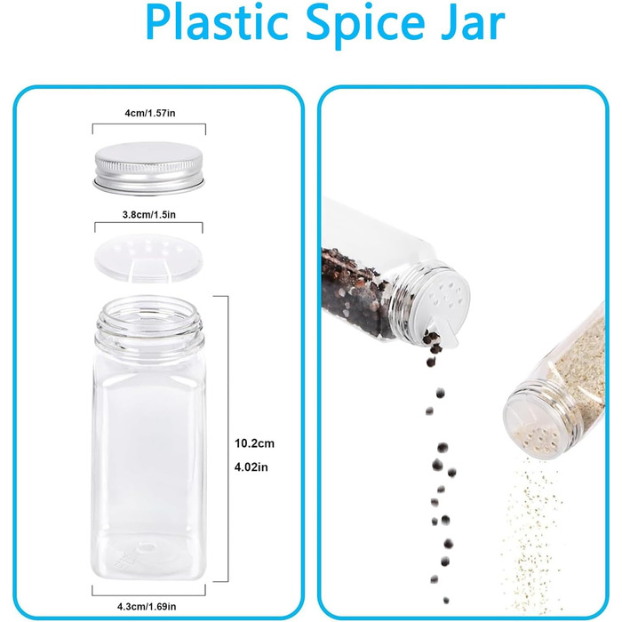 Стійка для спецій, металева кухонна полиця, вміщує багато банок для спецій, органайзер для спецій для кухонної шафи, 24 пластикові банки для спецій, 80 етикеток, лійка та крейдяний маркер (сріблясто-сірий), 4T