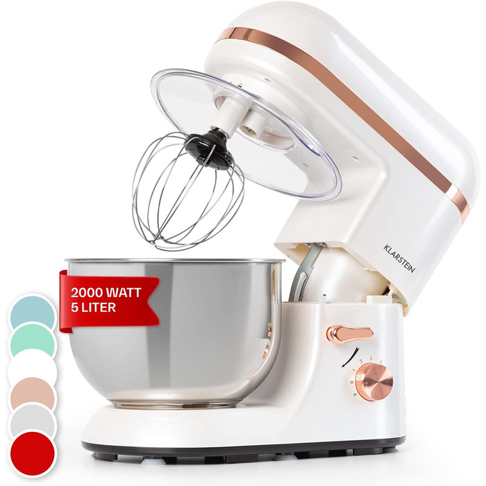 Кухонний комбайн Klarstein, Тістомісильна машина з чашею 5 л, Професійний кухонний комбайн 1800 Вт з гаком для тіста та вінчиком, Універсальний кухонний комбайн з 6 рівнями, Машина для тіста для перемішування, замішування та збивання